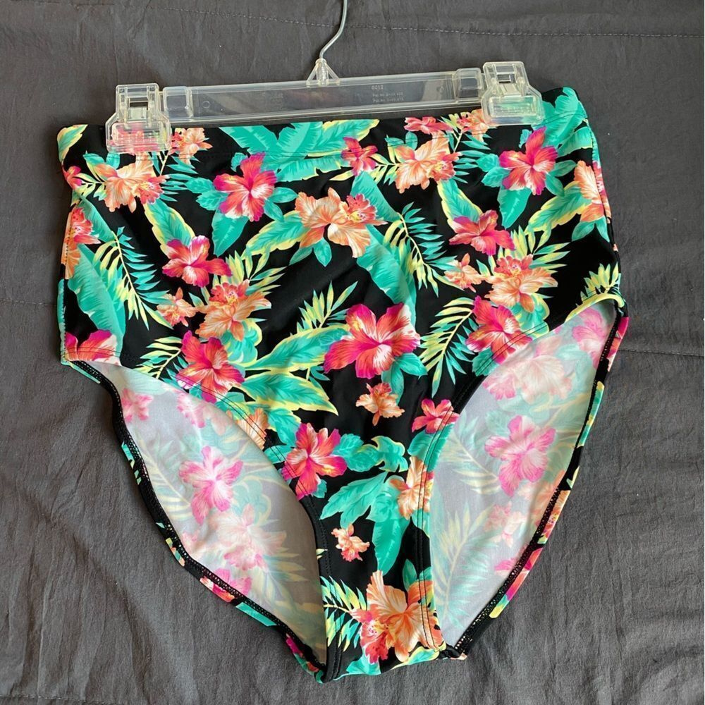 Forever 21+ High-Waisted Green Floral Swim Suit Bottoms Size XL